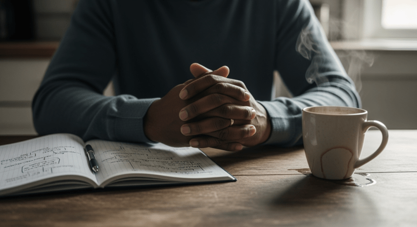 Close-up of a father’s hands resting on a kitchen table beside a notebook and coffee cup, reflecting on life changes after job loss.