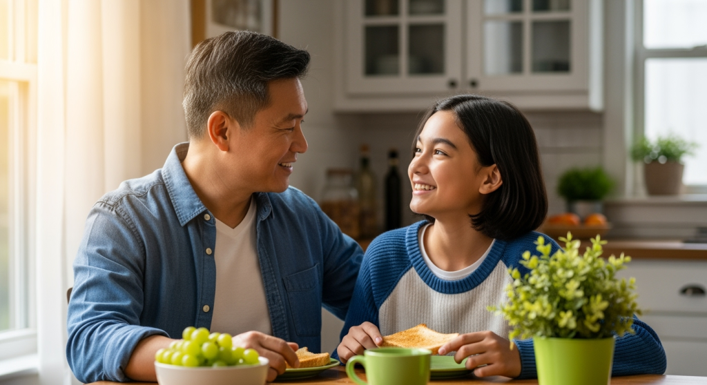 Father smiling warmly while talking with teenage child over breakfast, showing connection and encouragement during a career transition.