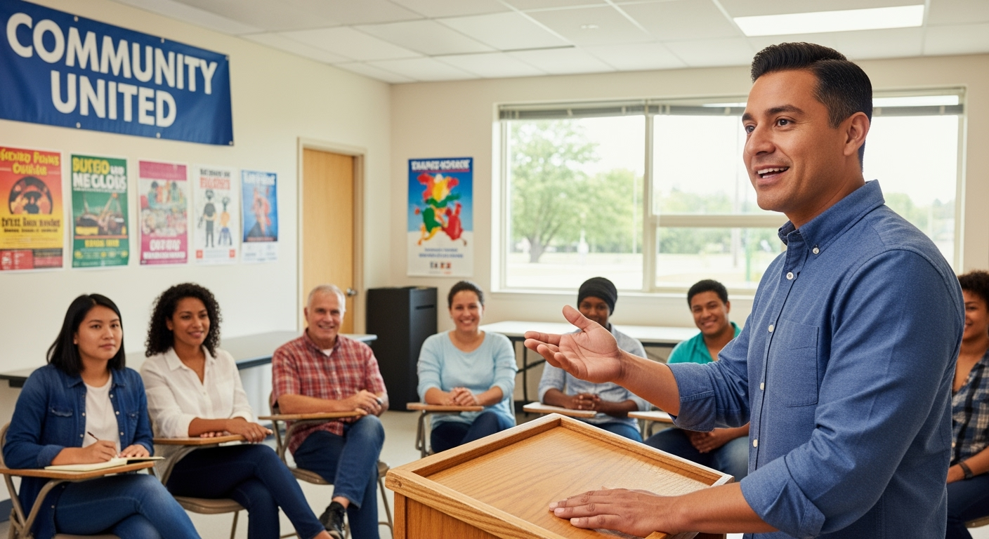 Confident father speaking to a small group in a community center, sharing ideas and building opportunities in fatherhood work.