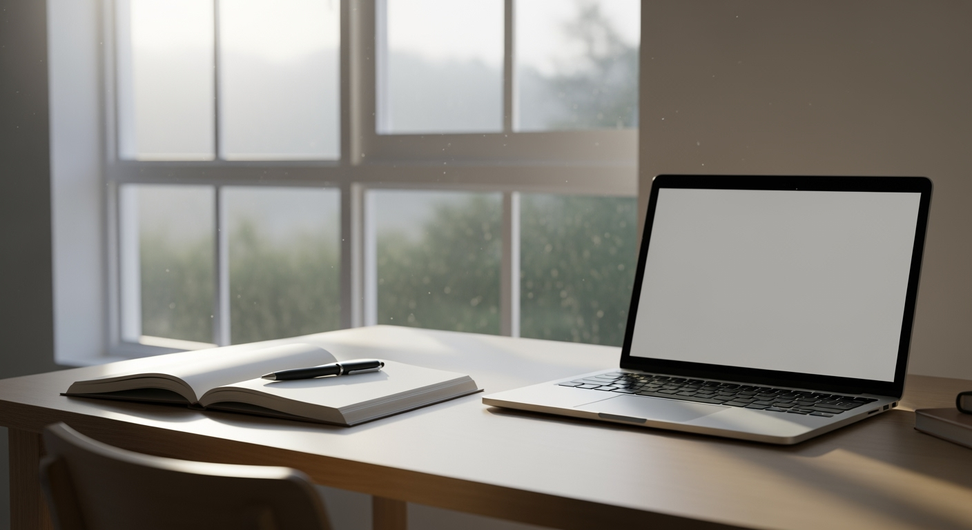 Open journal, pen, and laptop on a clean desk near a sunny window, representing focus and daily routines during a job search.