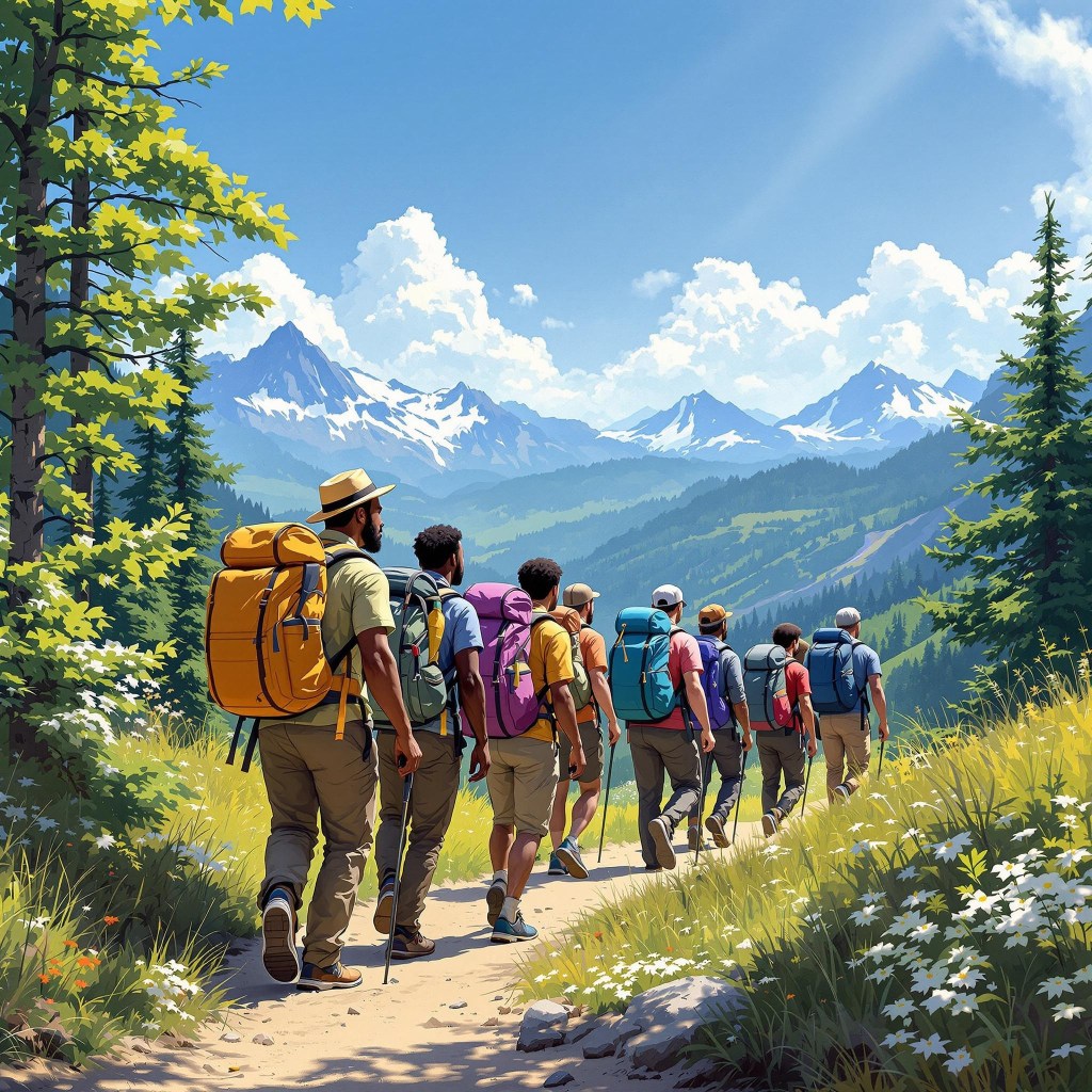 A group of men walking or talking together on a trail