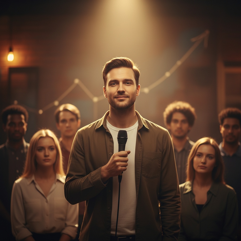 An introverted man stands confidently with a microphone, speaking to a small, engaged crowd. The image symbolizes a quiet person overcoming a fear of public speaking through personal growth and accountability.