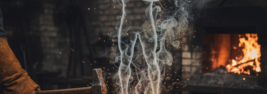 A blacksmith's hammer strikes a glowing piece of metal, with sparks transforming into the silhouette of a person. This symbolizes a person being forged and strengthened by pressure and hardship.