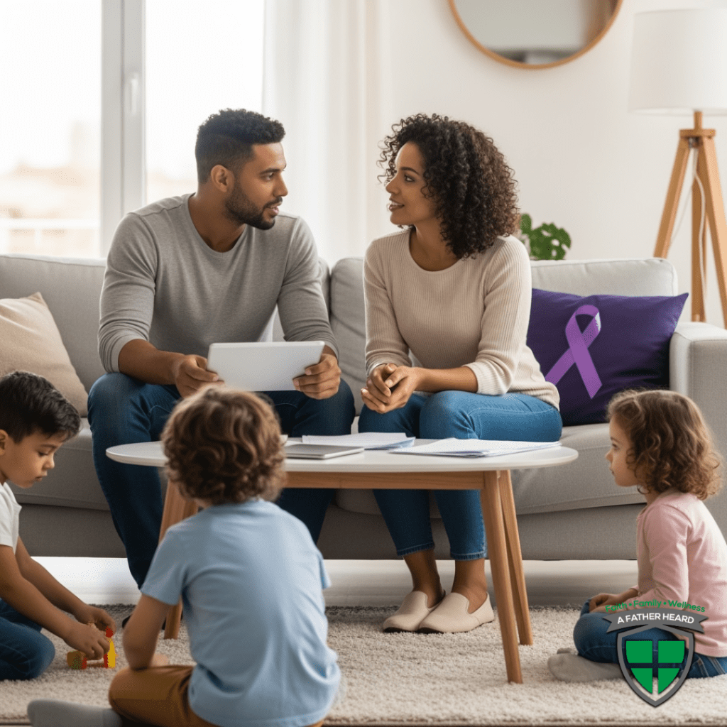 A diverse couple sits calmly on a sofa discussing something on a tablet, showing active listening and partnership. Their two young children are playing or doing small chores on the floor in front of them. The image illustrates parents modeling healthy conflict resolution and equity in the home, which is key to domestic violence prevention.