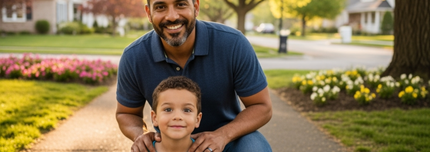 A father figure kneels behind his young son a sunlit street, demonstrating gentle care and guidance.