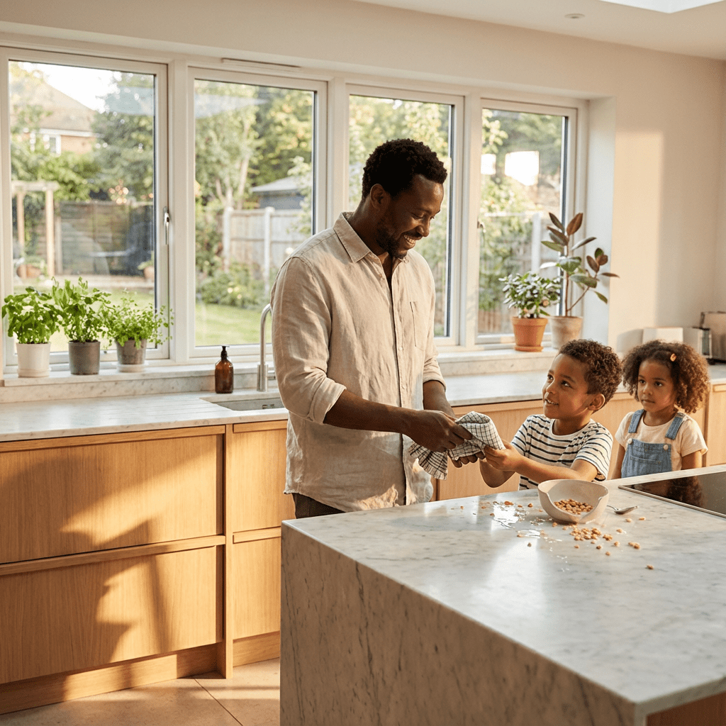 Grace-led discipline where a father teaches his children how to take responsibility for a spill rather than punishing them.