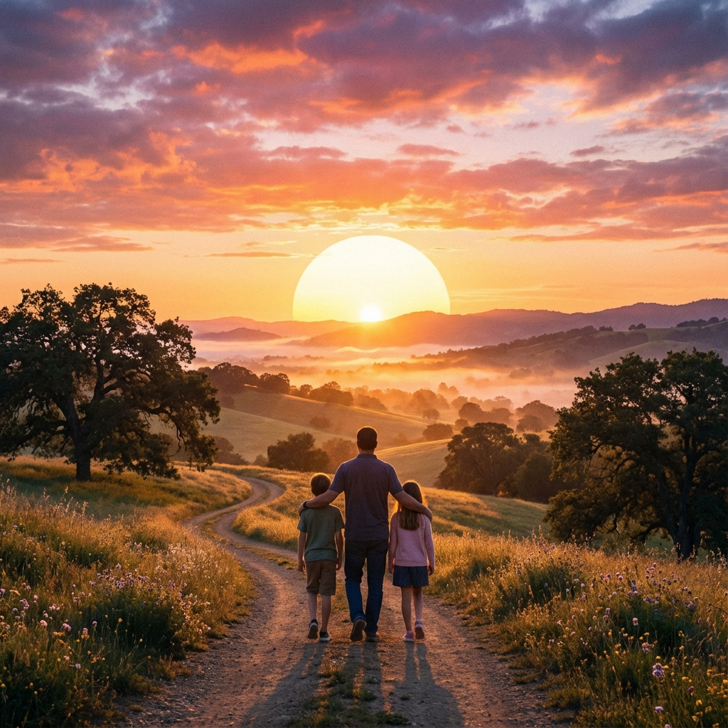 A father walking with his children at sunset, symbolizing a legacy of intentional and purpose-driven fatherhood.