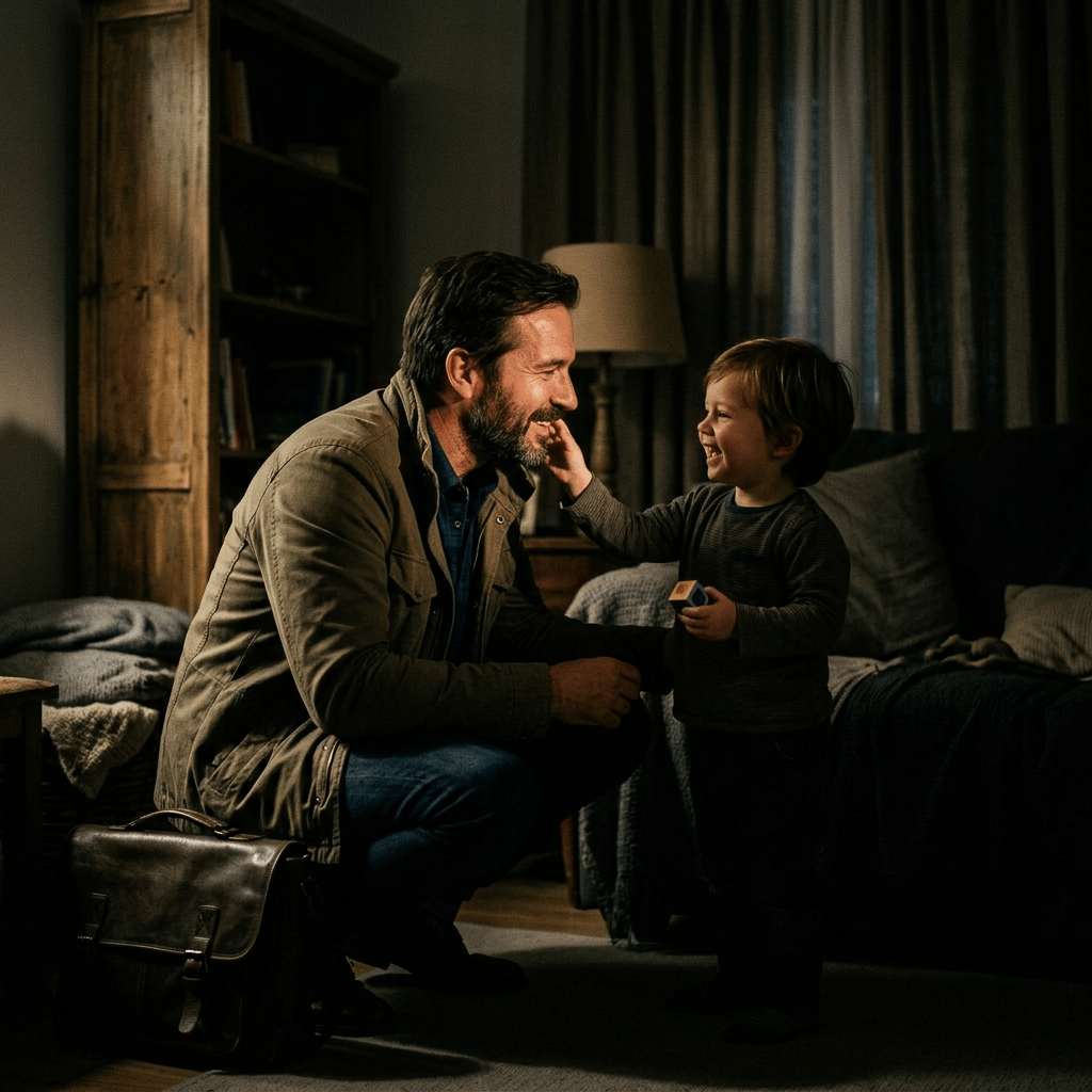 Focused the light exclusively on the emotional connection point between father and child, letting soft falloff create dark, intimate corners around the room.