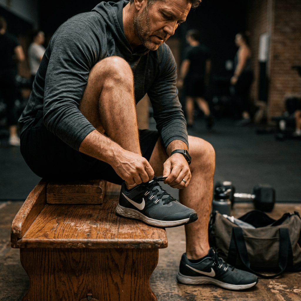 Close-up of a father sitting on a wooden gym bench, tying the laces of his athletic shoes before beginning his workout.