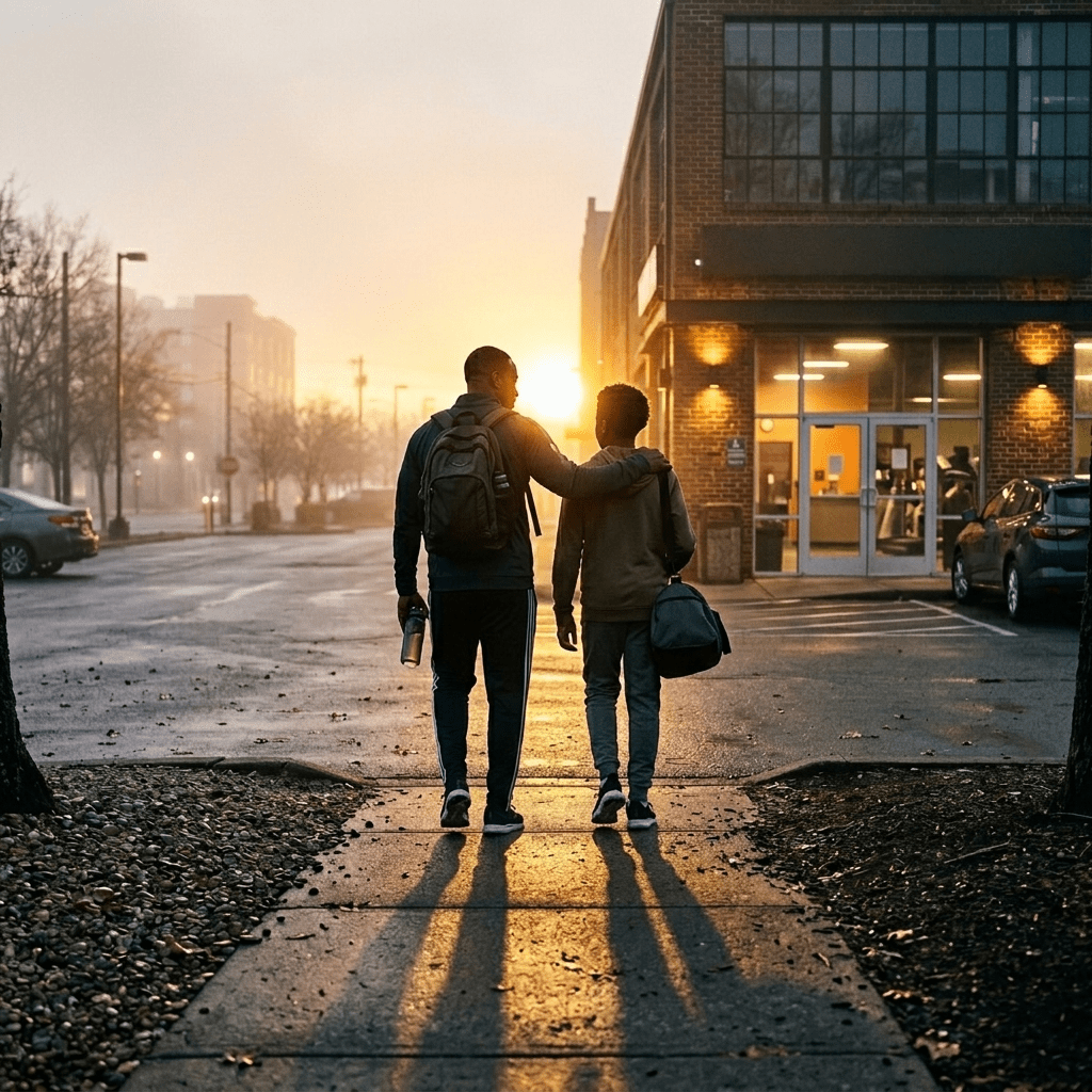 Silhouette view from behind of a father and son walking side by side toward the bright entrance of a gym at sunrise.
