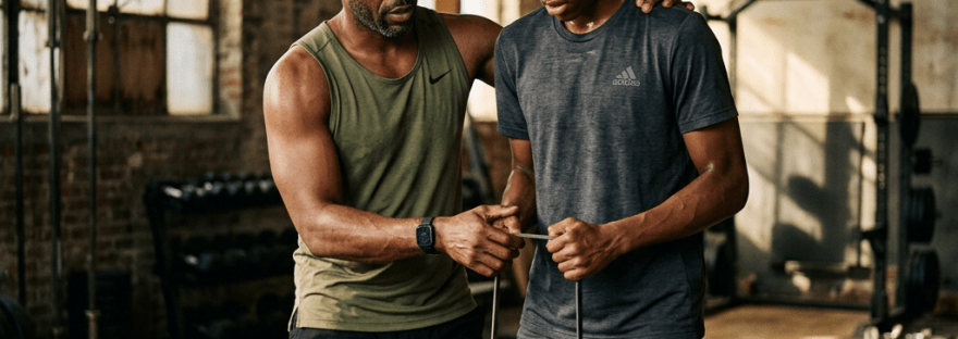 An African American father and his teenage son standing together in a quiet gym surrounded by weights, illuminated by soft morning sunlight.